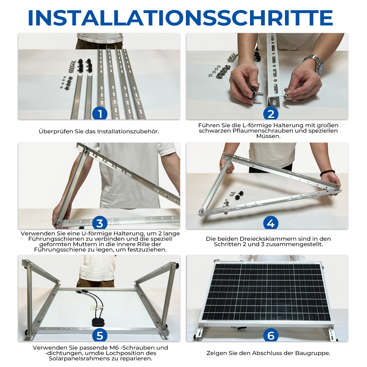Schritt 1: Installationszubehör prüfen. Schritt 2: L-förmige Halterung mit Schrauben befestigen.