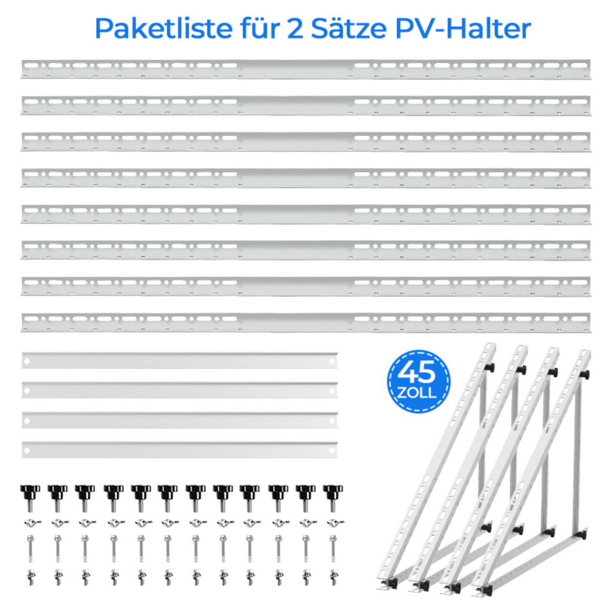 Montage-Set für PV-Halterungen mit Schienen, Winkeln und Befestigungsmaterial.
