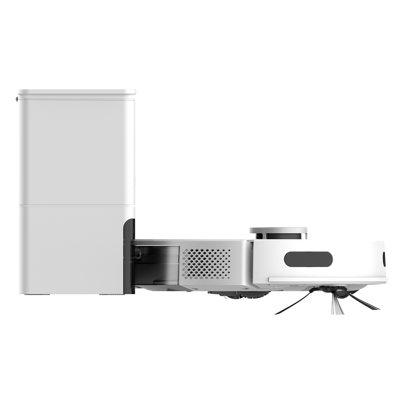 Ein weißer Roboterstaubsauger mit Dockingstation, Ansicht von der Seite.
