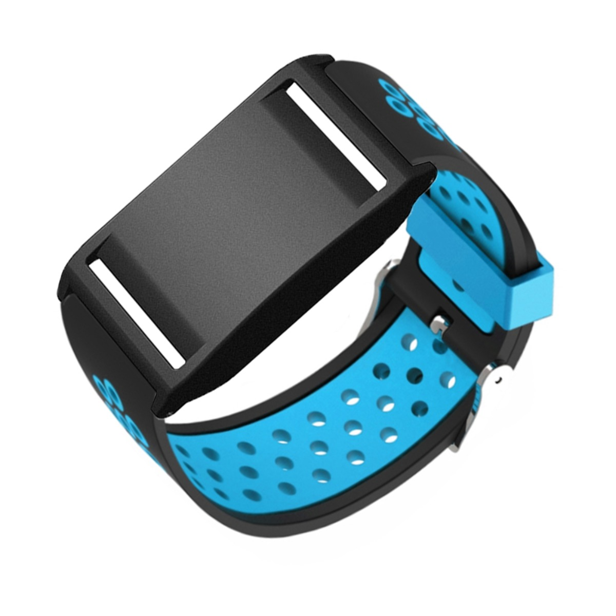 Schwarzes Fitnessarmband mit blauer Lochung und blauen Symbolen.