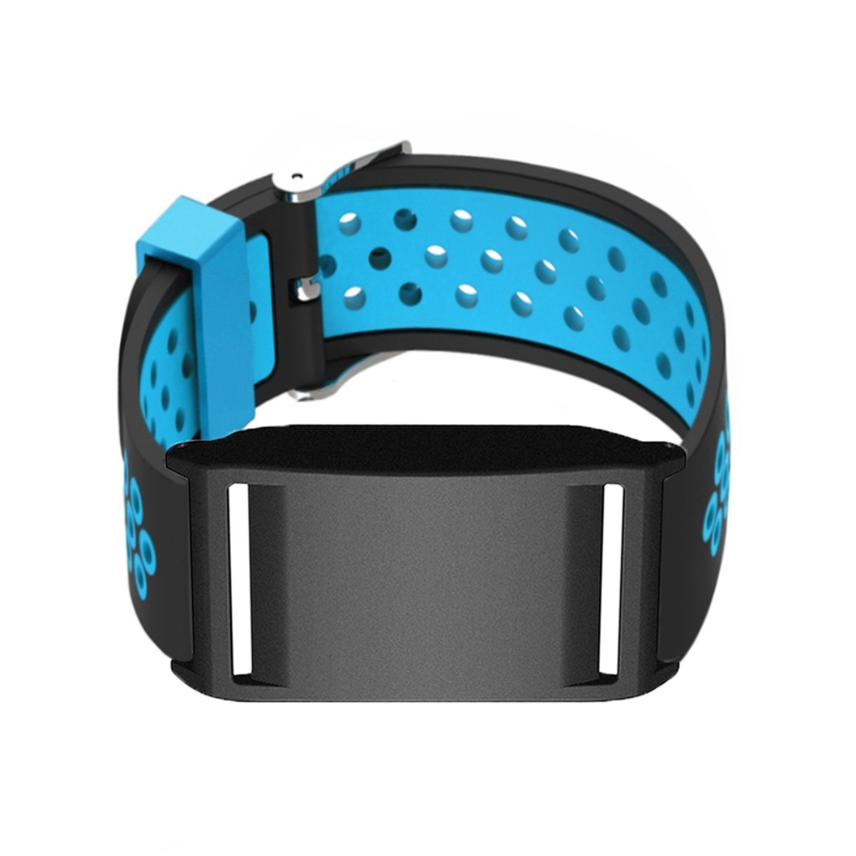 Schwarzes Armband mit blauen Akzenten und Löchern, mit einem grauen Mittelteil.