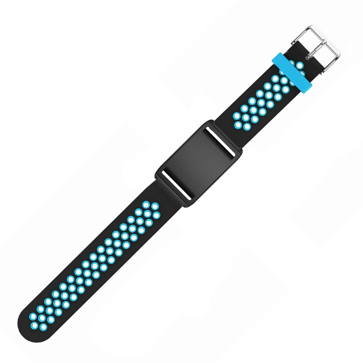 Schwarzes Armband mit blauen Löchern und Metallschnalle, auf weißem Hintergrund.