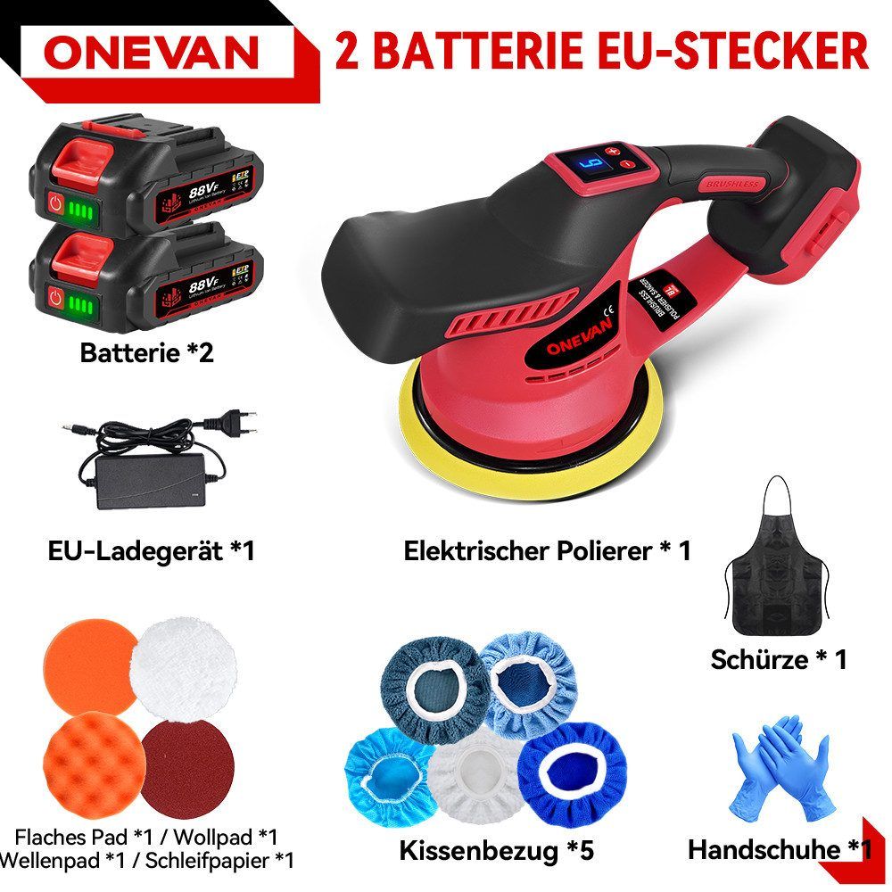Set mit Polierer, 2 Akkus, Ladegerät, Schürze, Handschuhen und Polierpads.