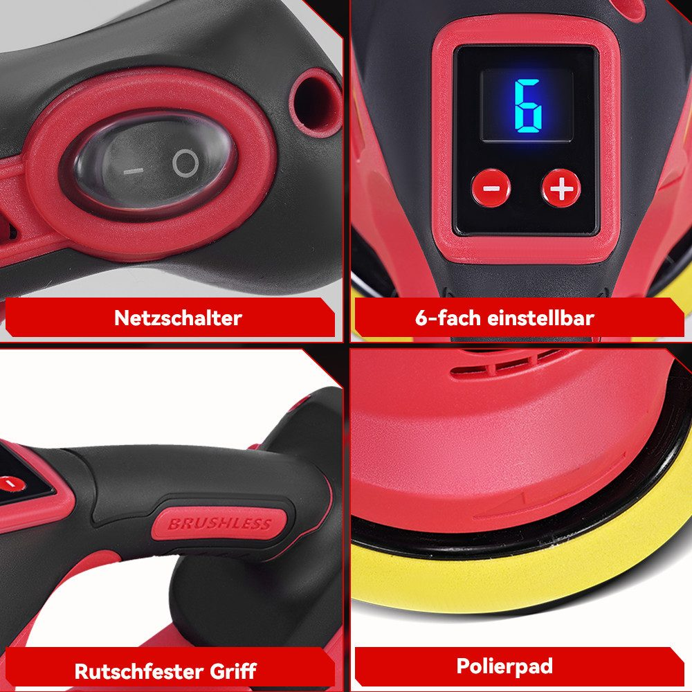 Vier Detailansichten eines roten und schwarzen Geräts mit Schalter, Display, Griff und Polierpad.
