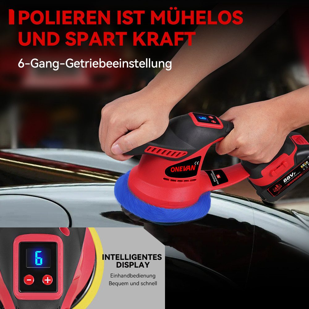 Person poliert Auto mit rotem Akku-Polierer mit blauem Aufsatz. Digitalanzeige zeigt 6.