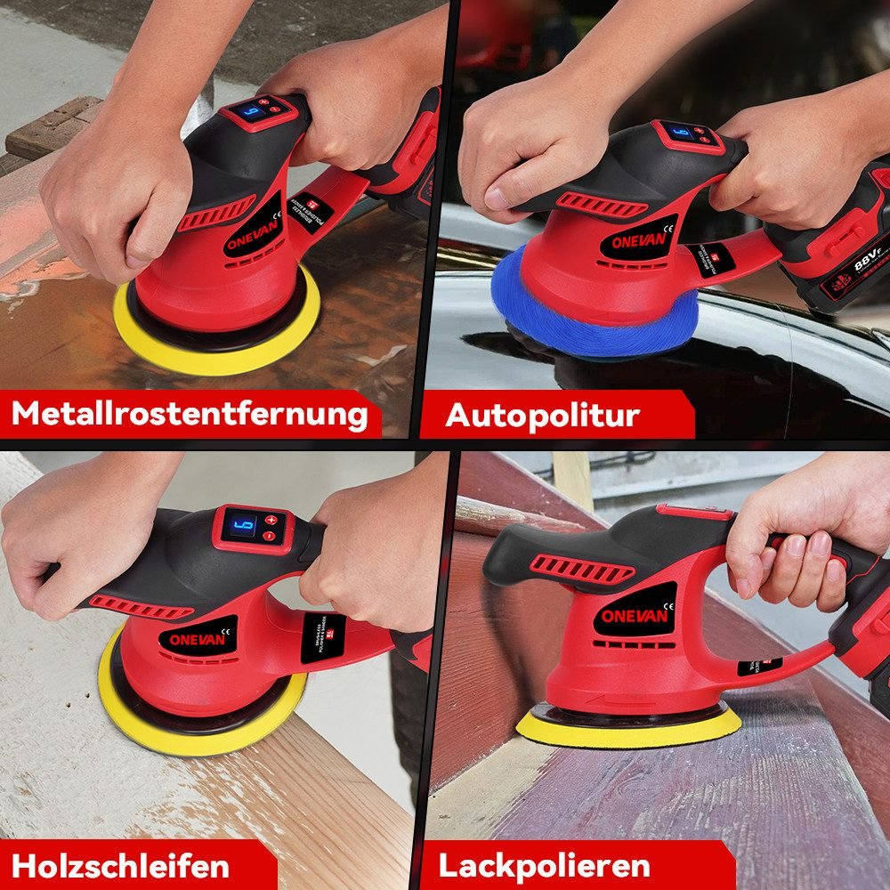 Vier Bilder zeigen einen Polierer bei der Arbeit auf Metall, Auto, Holz und Lack.