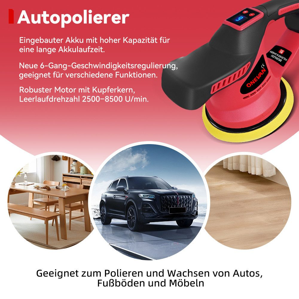 Roter Autopolierer mit schwarzem Griff, daneben Bilder von Autos, Möbeln und Böden.