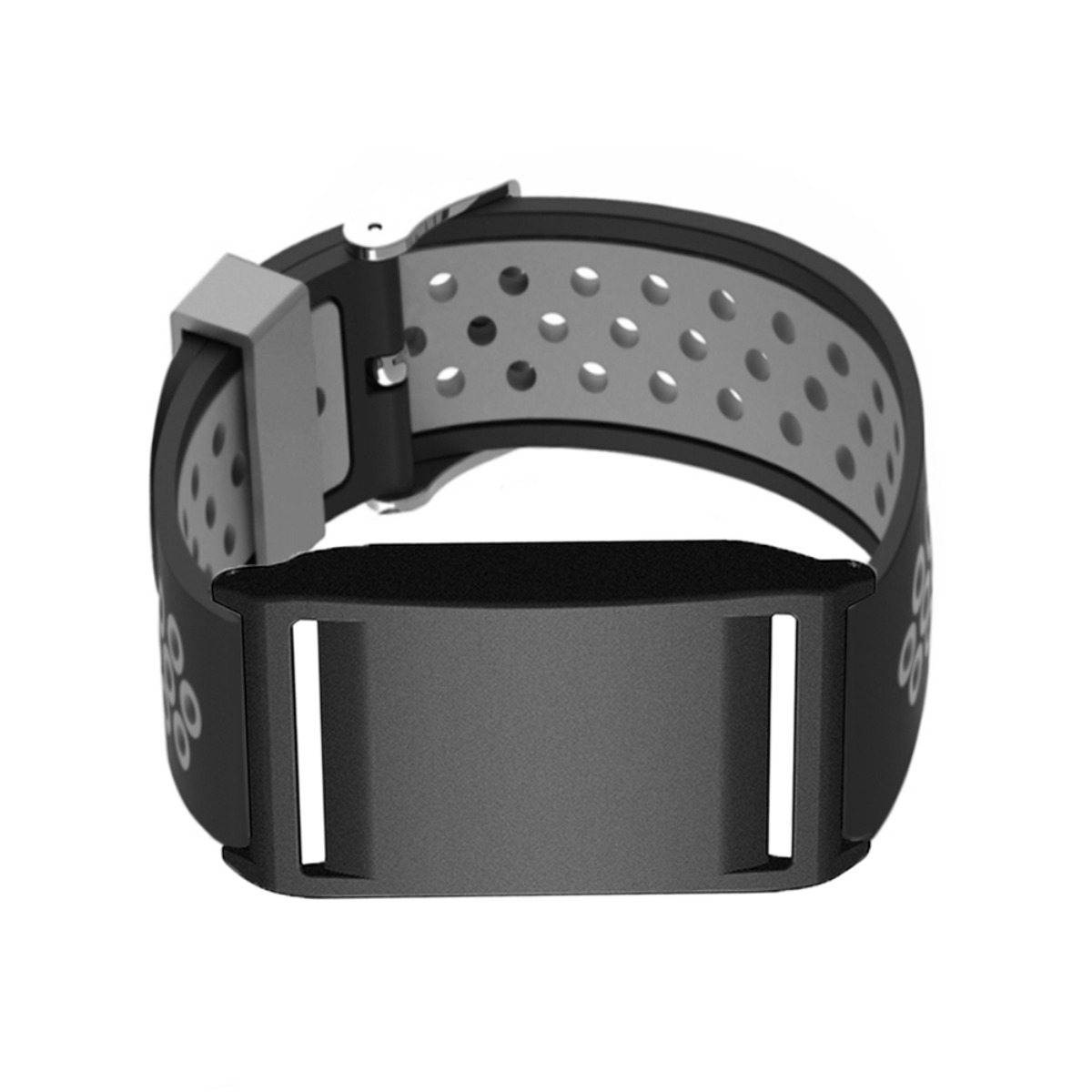 Ein schwarzer Fitness-Tracker mit grauem Perforationsband und Metallschnalle.