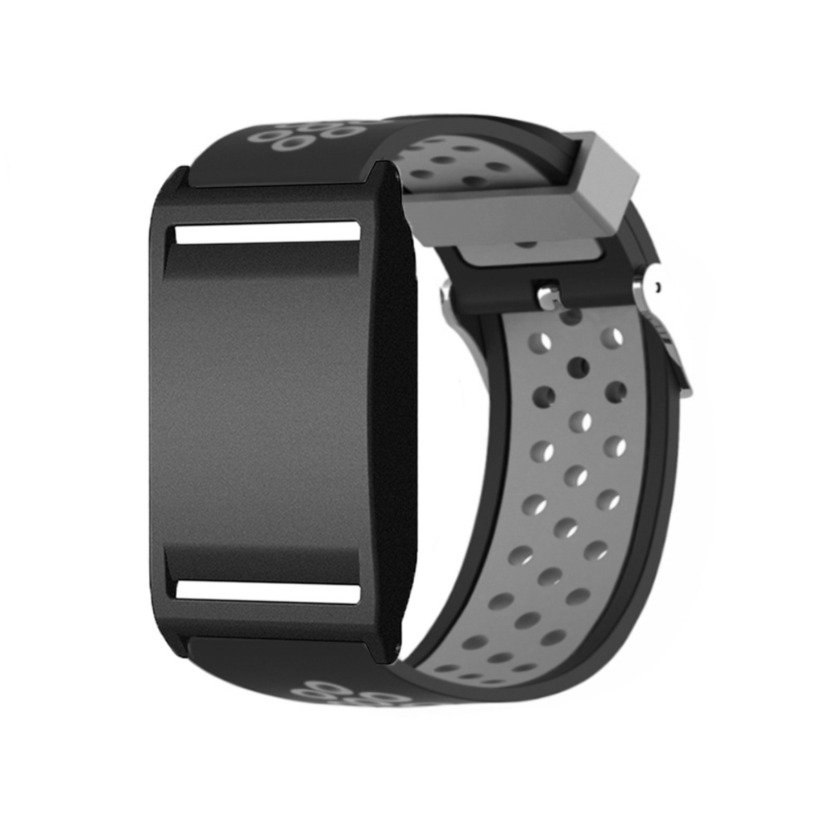 Ein schwarzes Fitnessarmband mit einem grauen, perforierten Armband auf weißem Hintergrund.