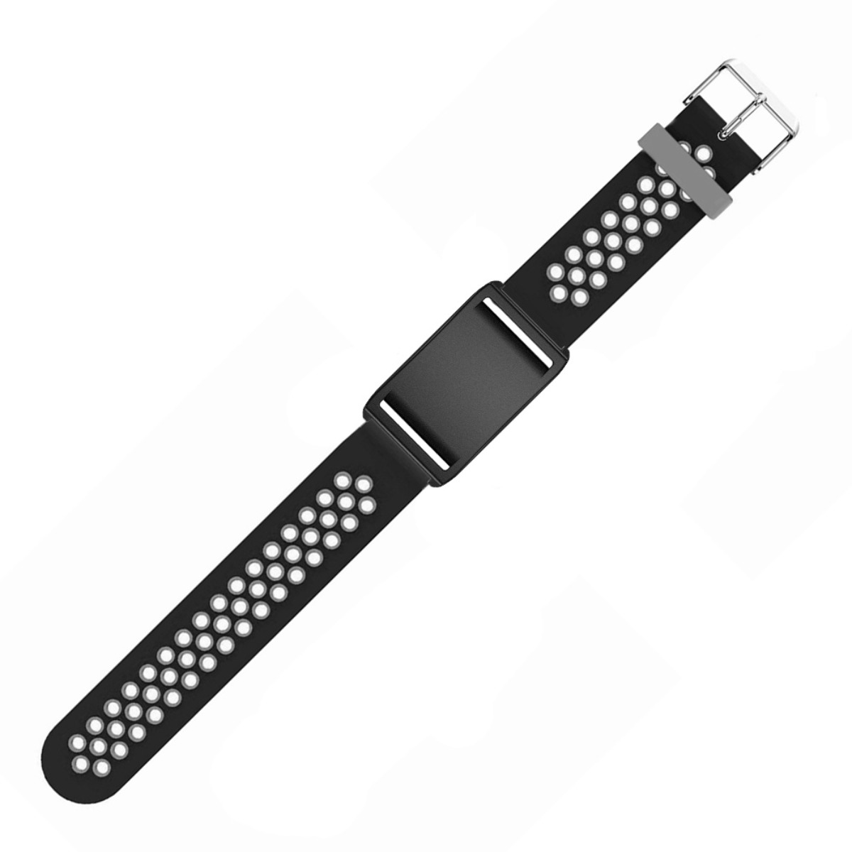Schwarzes Silikon-Uhrenarmband mit Löchern und Silberschnalle auf weißem Grund.