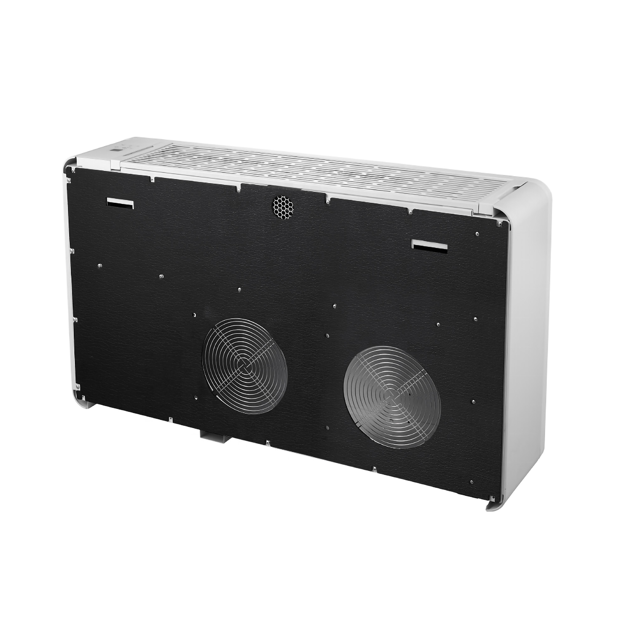 Achterkant van een wit apparaat met twee ventilatoren en honingraatrooster.