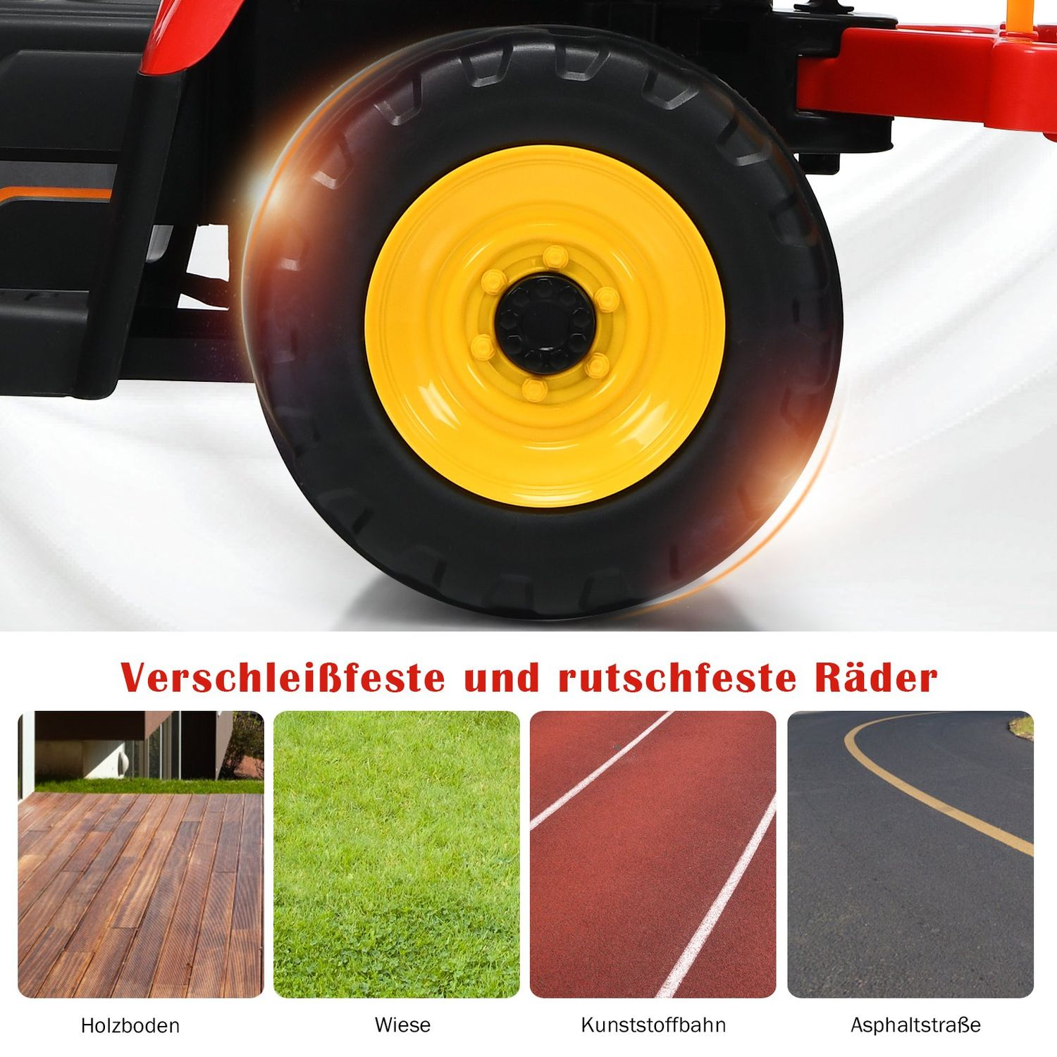 Large yellow wheel of a red vehicle with four images of surfaces.