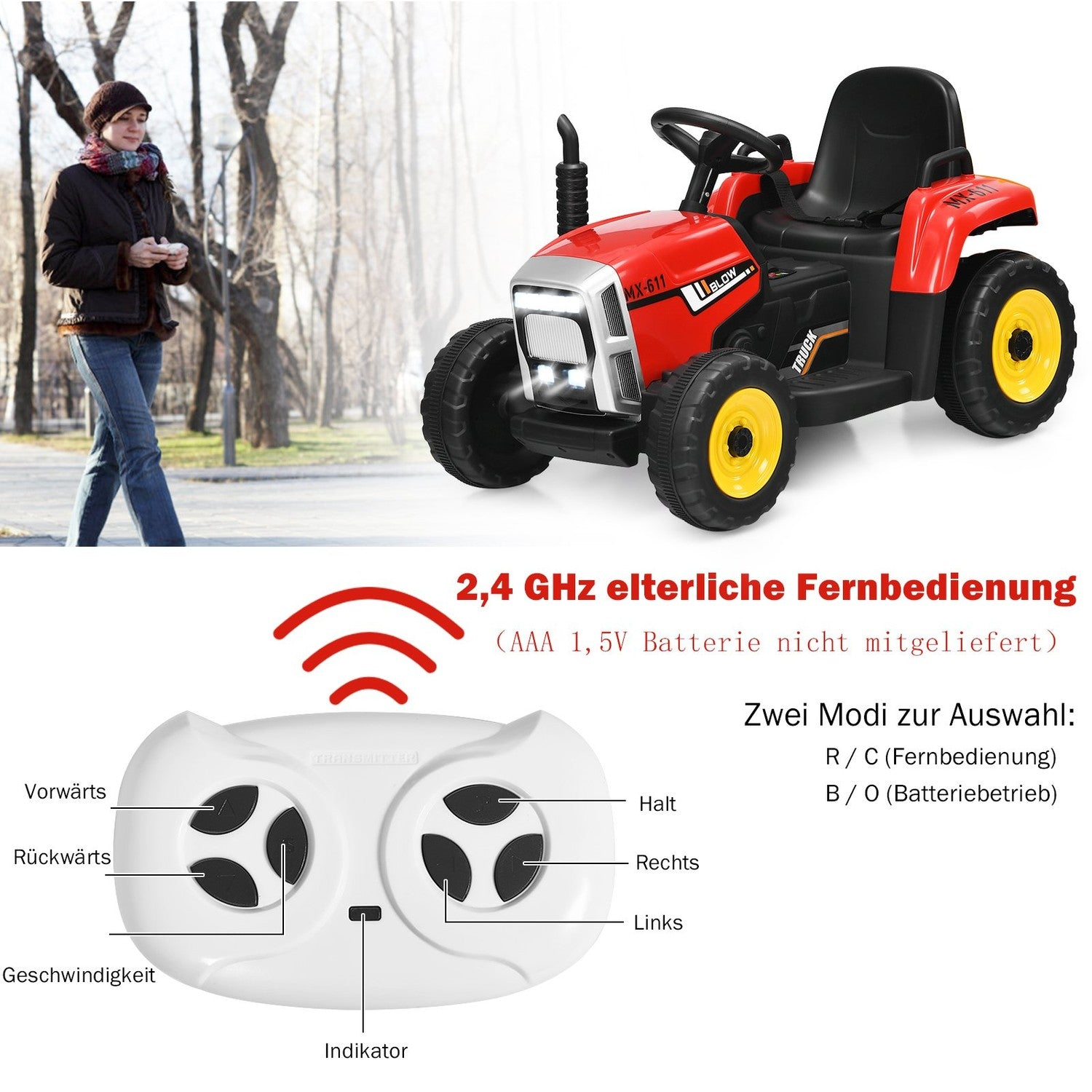 Red child's remote control for tractor with buttons and symbols.
