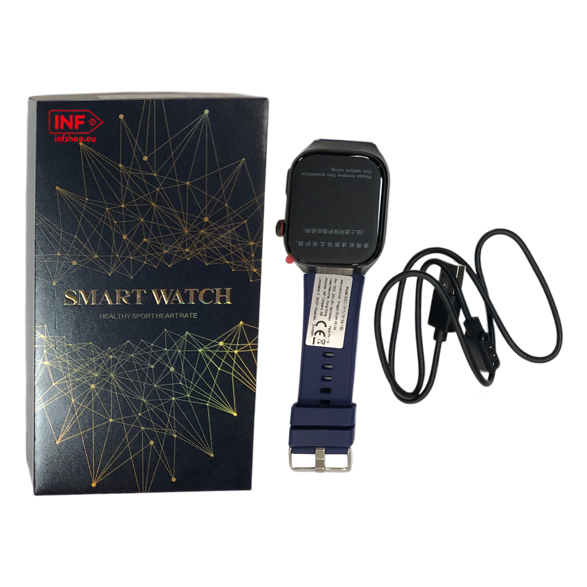 Pudełko smartwatcha i zegarek z kablem ładującym na białym tle.