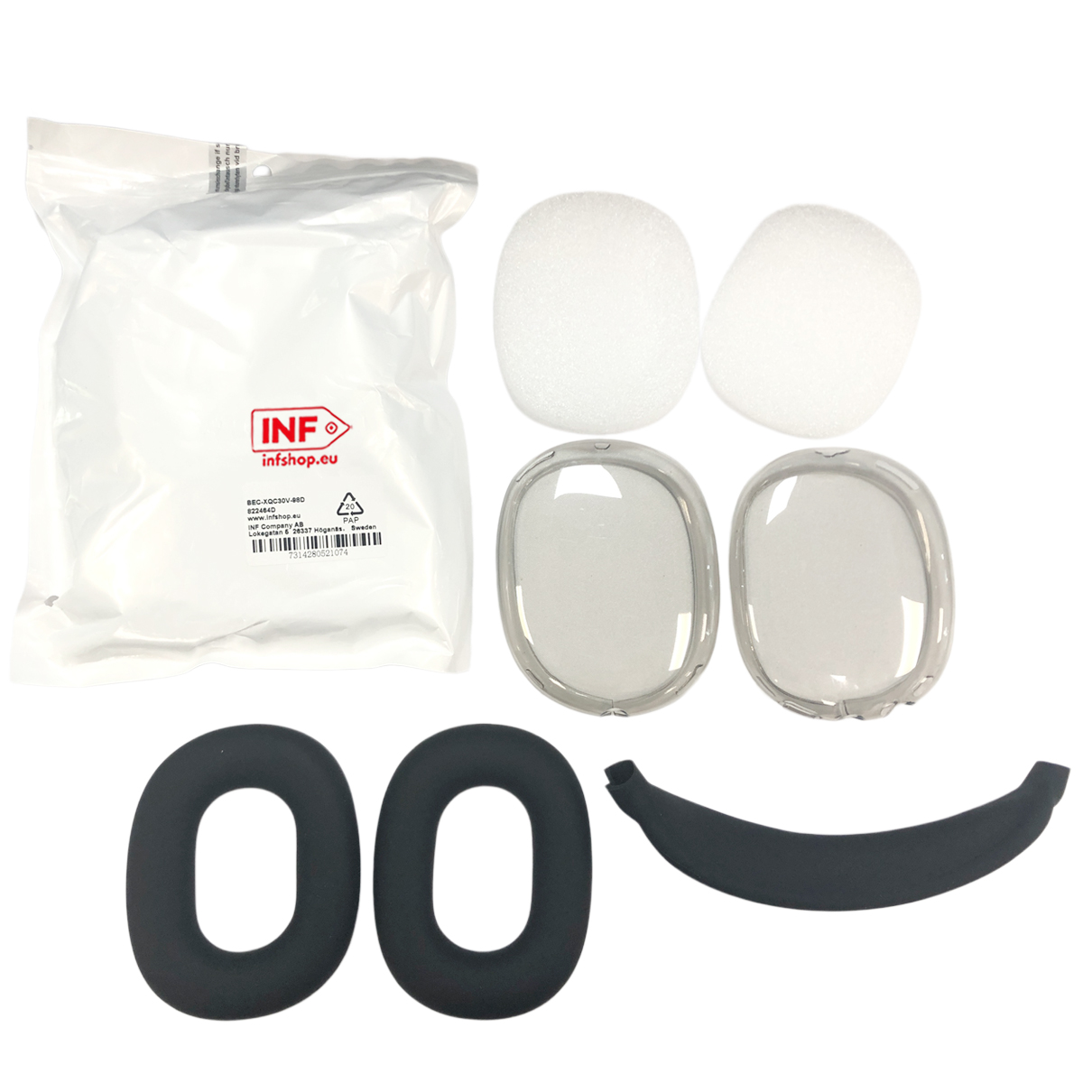 Ein Paket, zwei weiße Ohrpolster, zwei transparente Abdeckungen, zwei schwarze Ohrpolster.