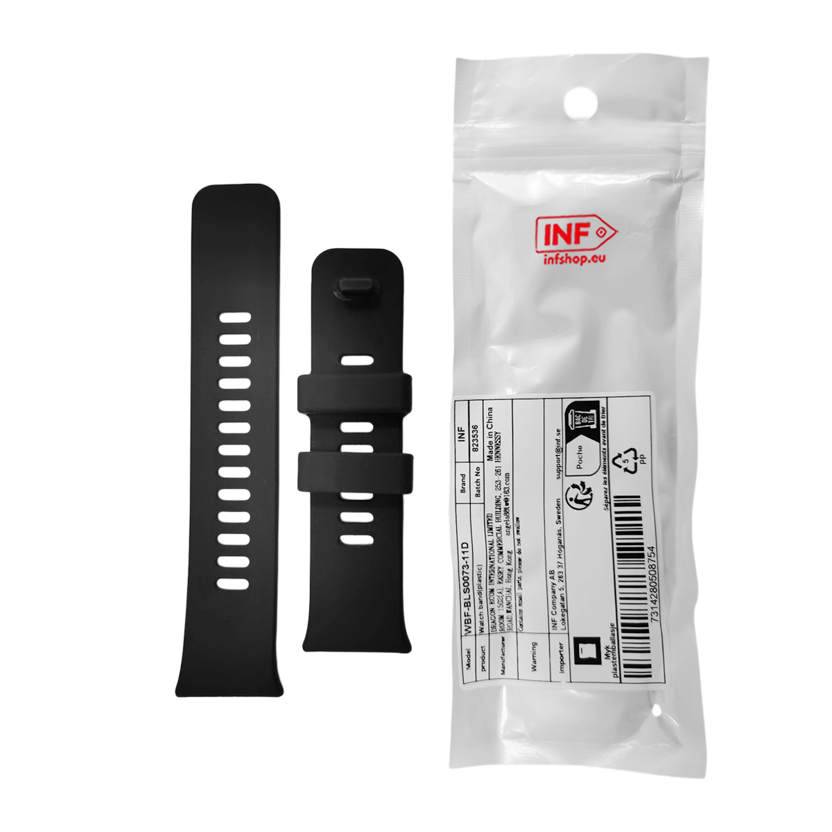 Zwei schwarze Kunststoff-Uhrenarmbänder und eine Verpackung mit Produktinformationen.