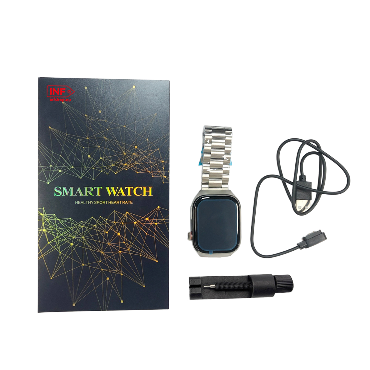 Smartwatch mit Metallarmband, Ladekabel und Werkzeug auf weißem Hintergrund.