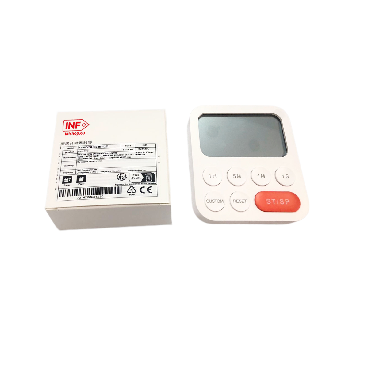 Ein weißer Küchentimer mit digitalem Display und orangefarbenem Start/Stopp-Knopf.