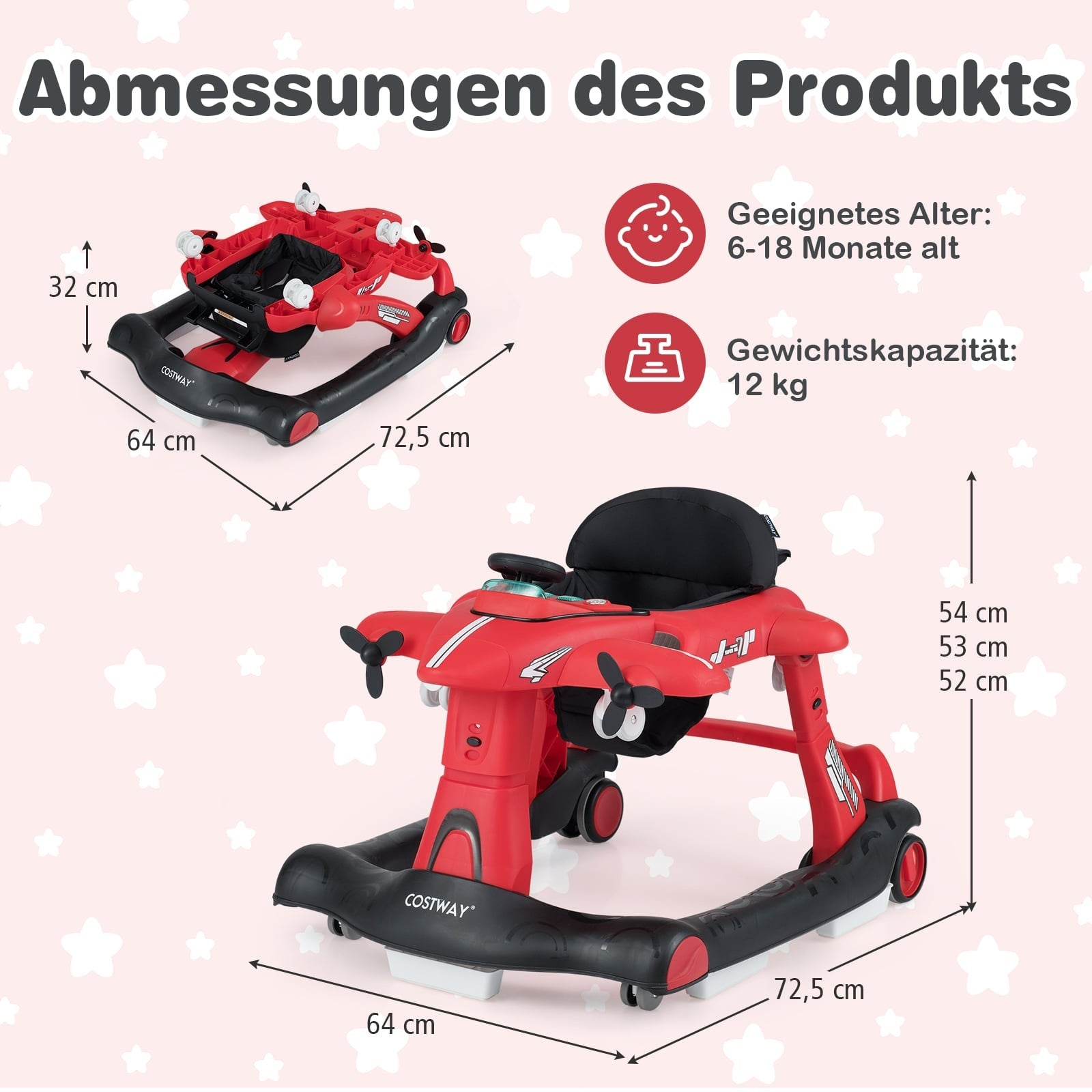 Rode babywalker met vliegtuigthema, met afmetingen en leeftijd.