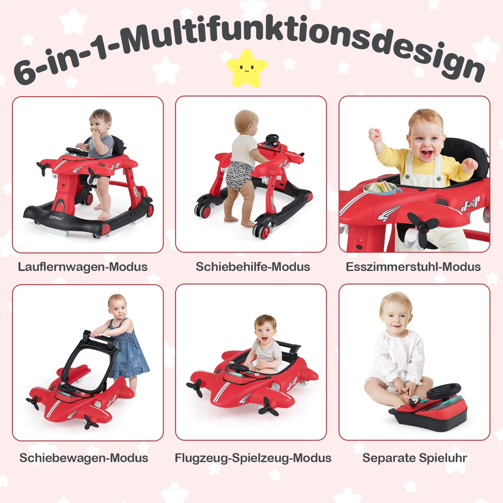 Peuters in een loopstoel, duwwagen, kinderstoel, speelgoed en horloge.