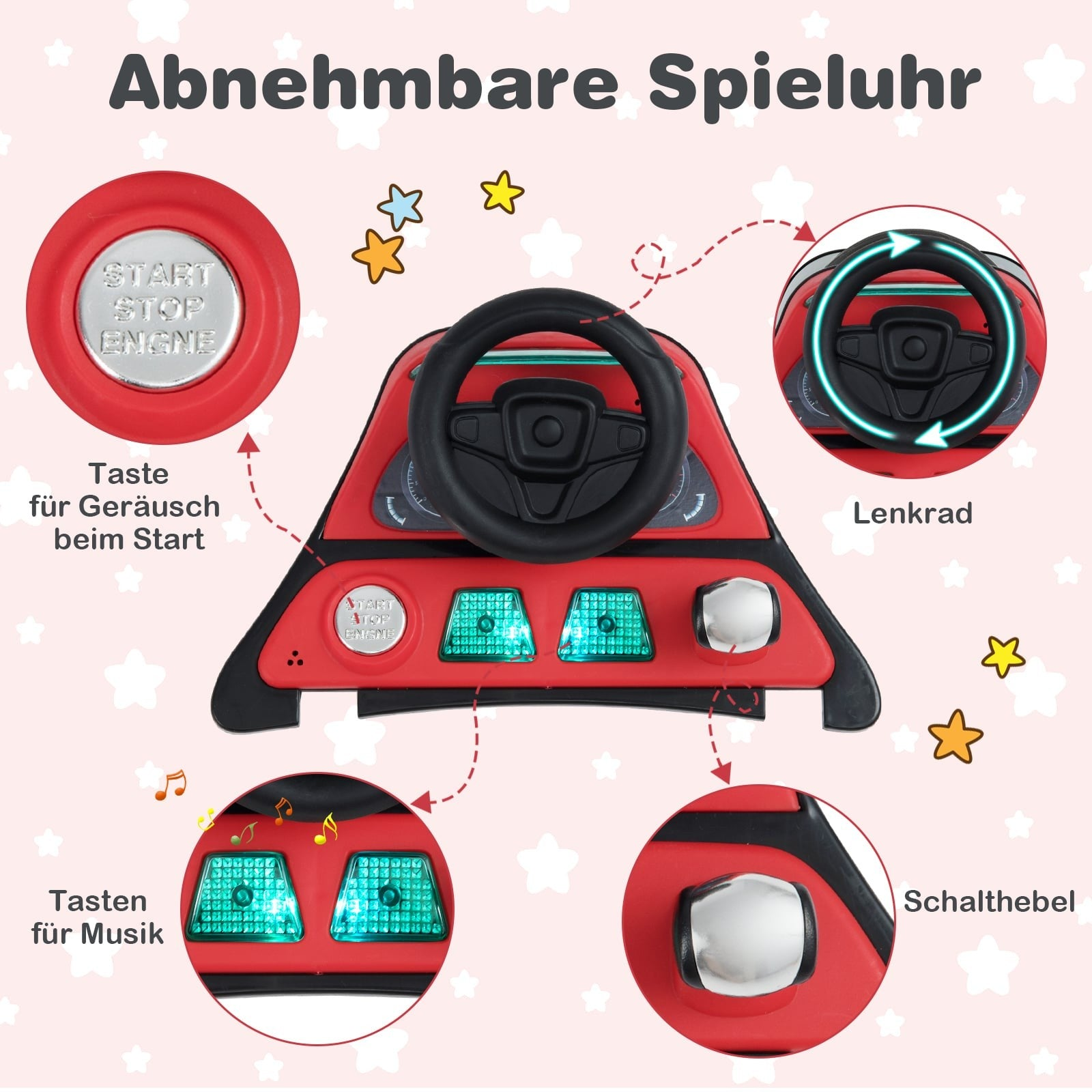 Rood speelgoed dashboard met stuur, knoppen en lampjes.
