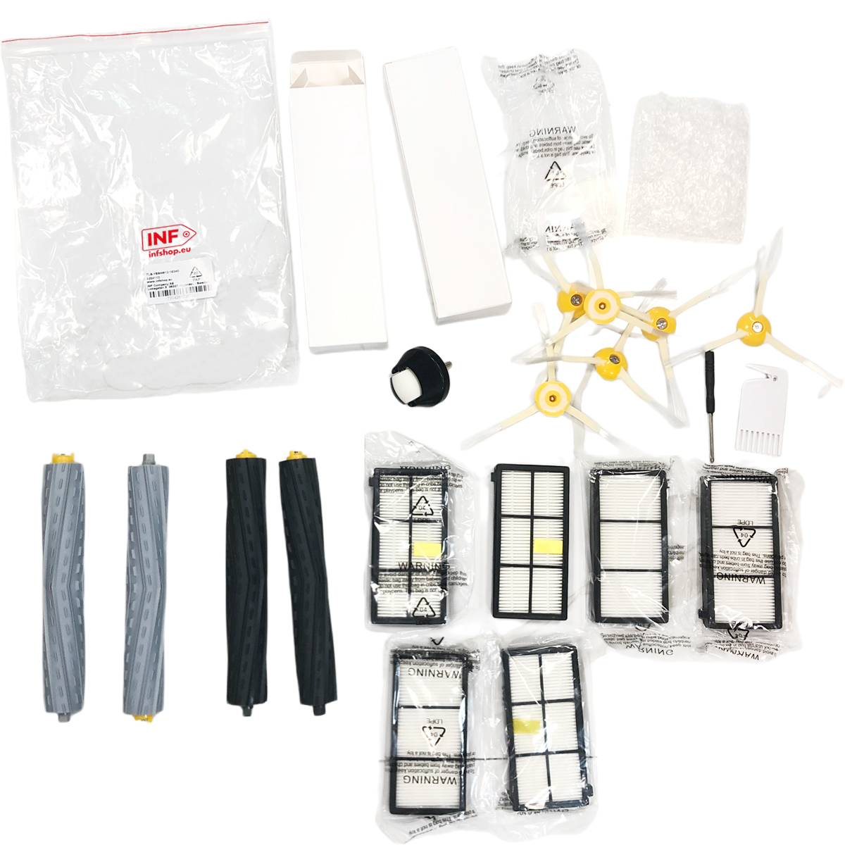 Akcesoria do odkurzacza: szczotki, filtry i torba z częściami.