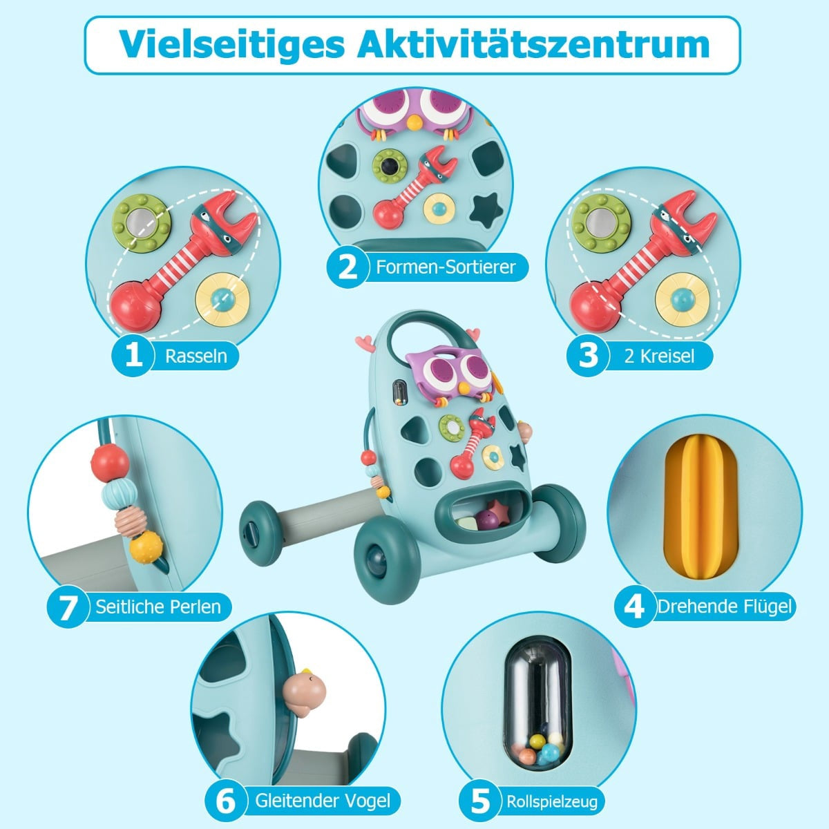 Een blauw activiteitencentrum voor peuters met diverse kleurrijke speelgoedfuncties.
