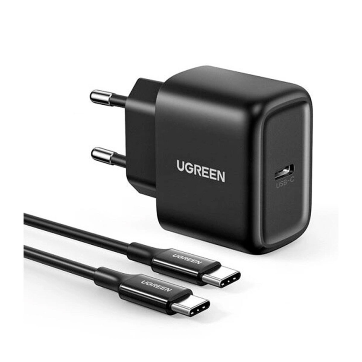 Czarna ładowarka sieciowa UGREEN USB-C z dwoma kablami.