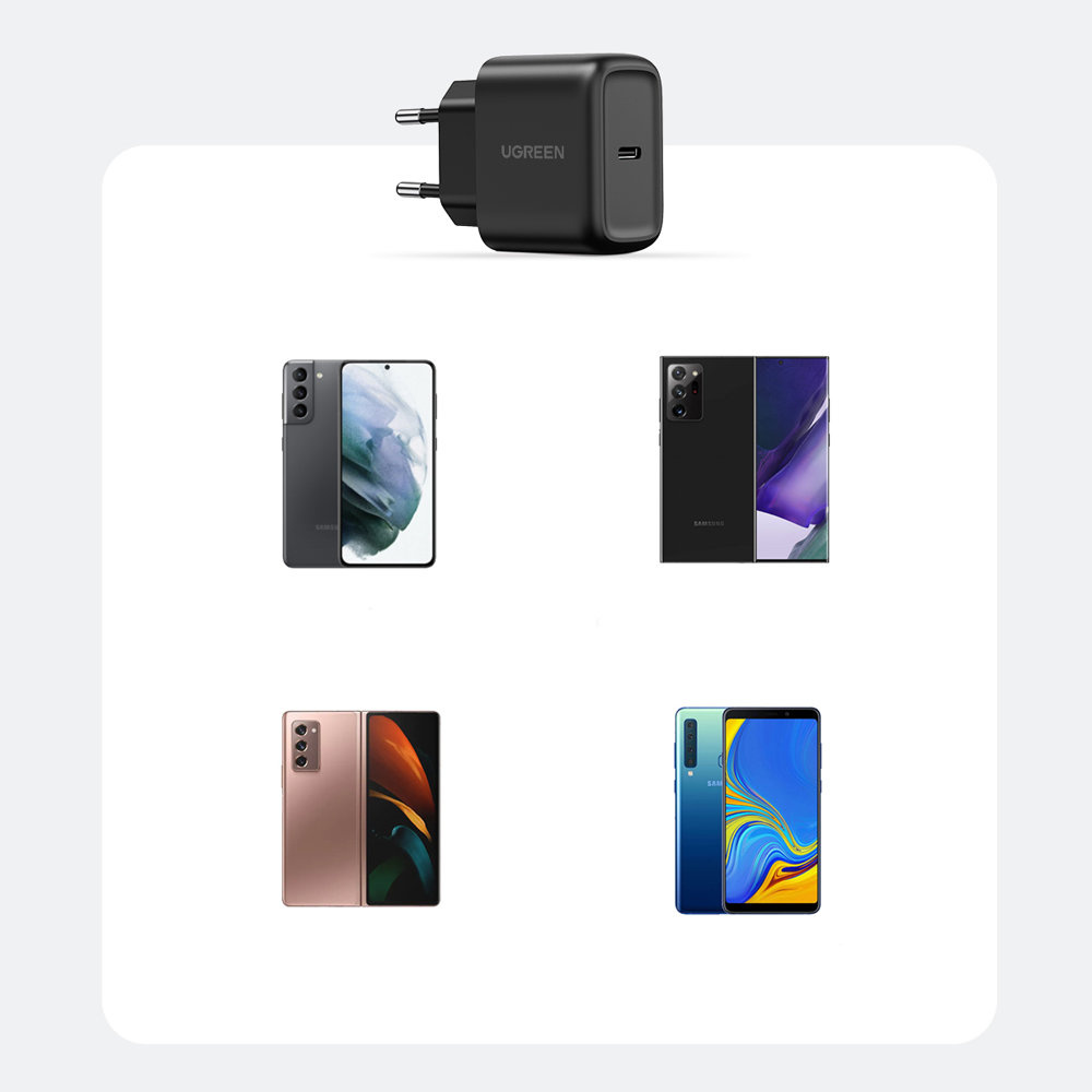 Czarna ładowarka UGREEN i cztery smartfony Samsung w różnych kolorach.