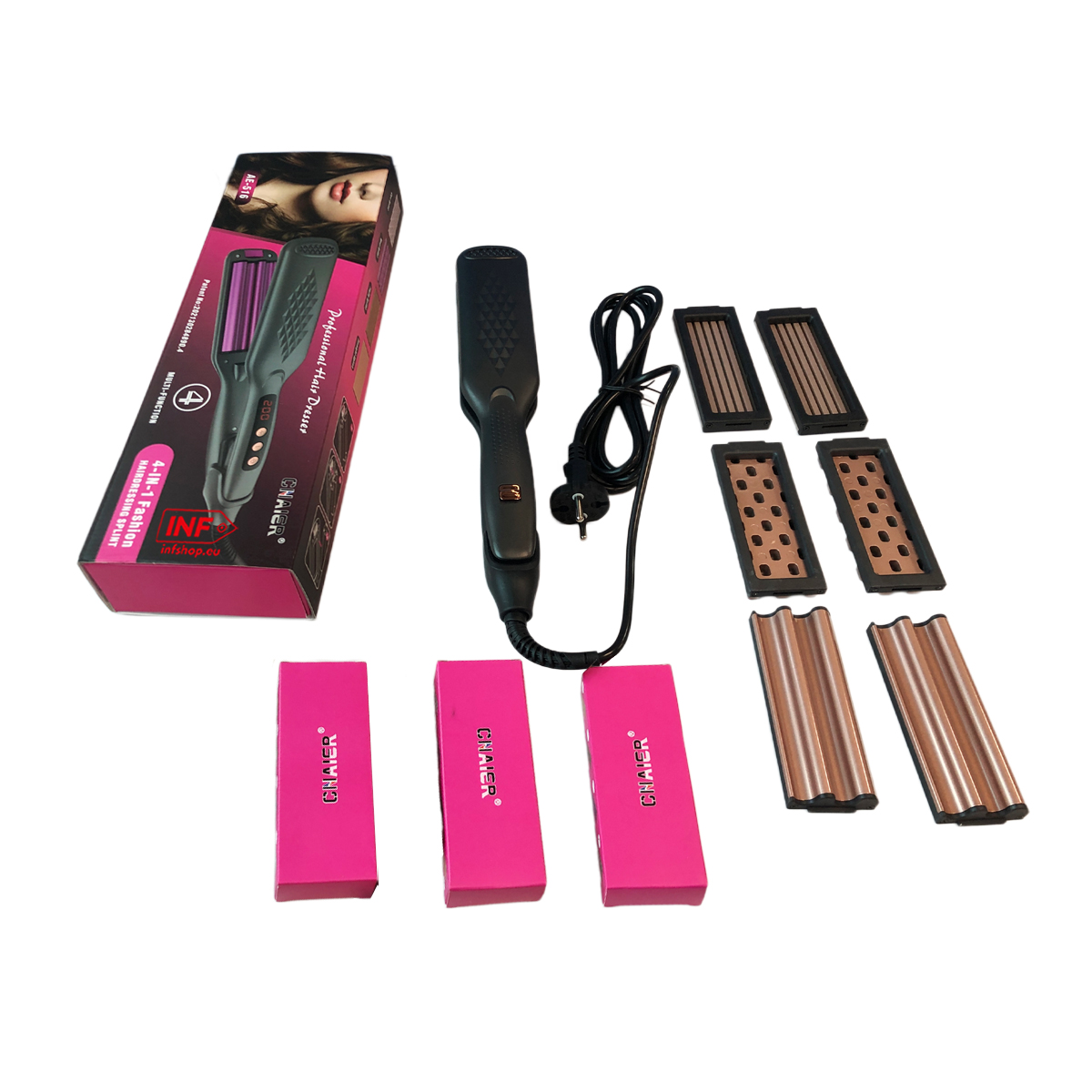 Czarna prostownica z akcesoriami i opakowaniem. Zawiera wymienne płytki.