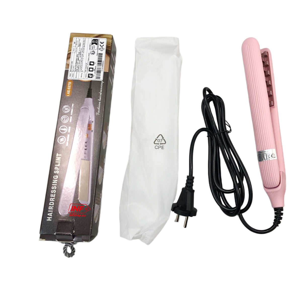 Różowa prostownica z kablem i opakowaniem na białym tle.