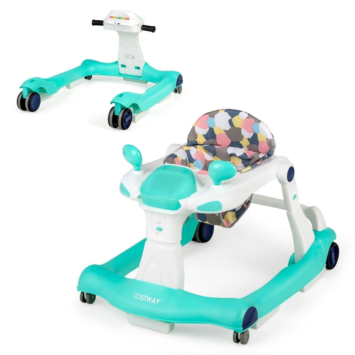 Twee turkooizen baby loopstoeltjes op wit. Eén heeft een gekleurd zitkussen.