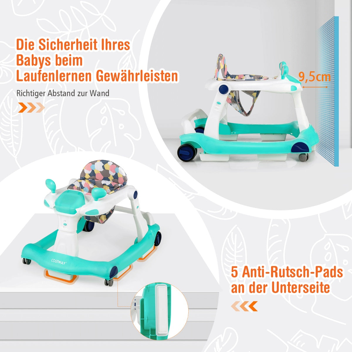 Wit en turkoois baby looprekje met speelgoed, 9,5cm van de muur.