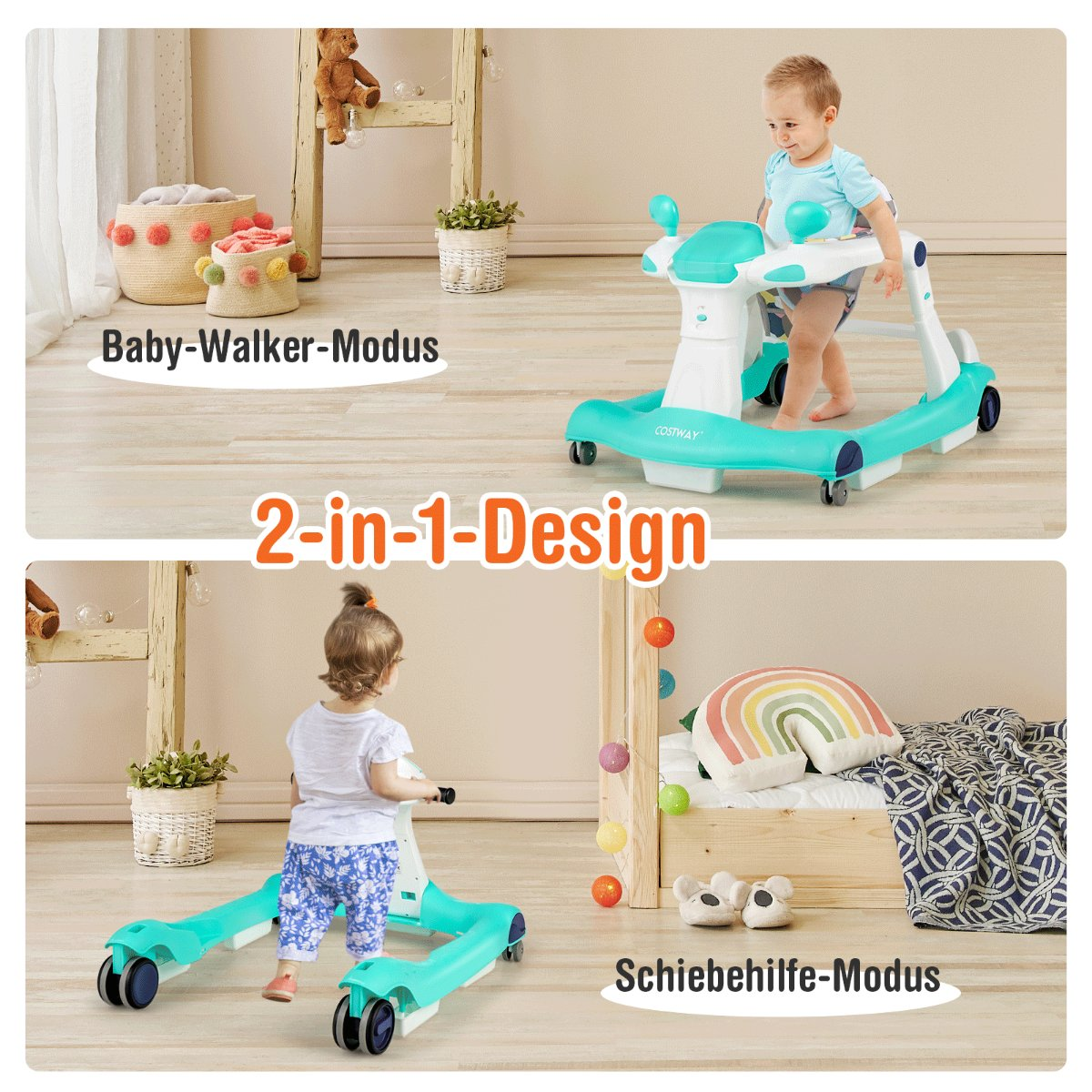 Baby in loopstoelmodus en duwmodus met 2-in-1 ontwerp.