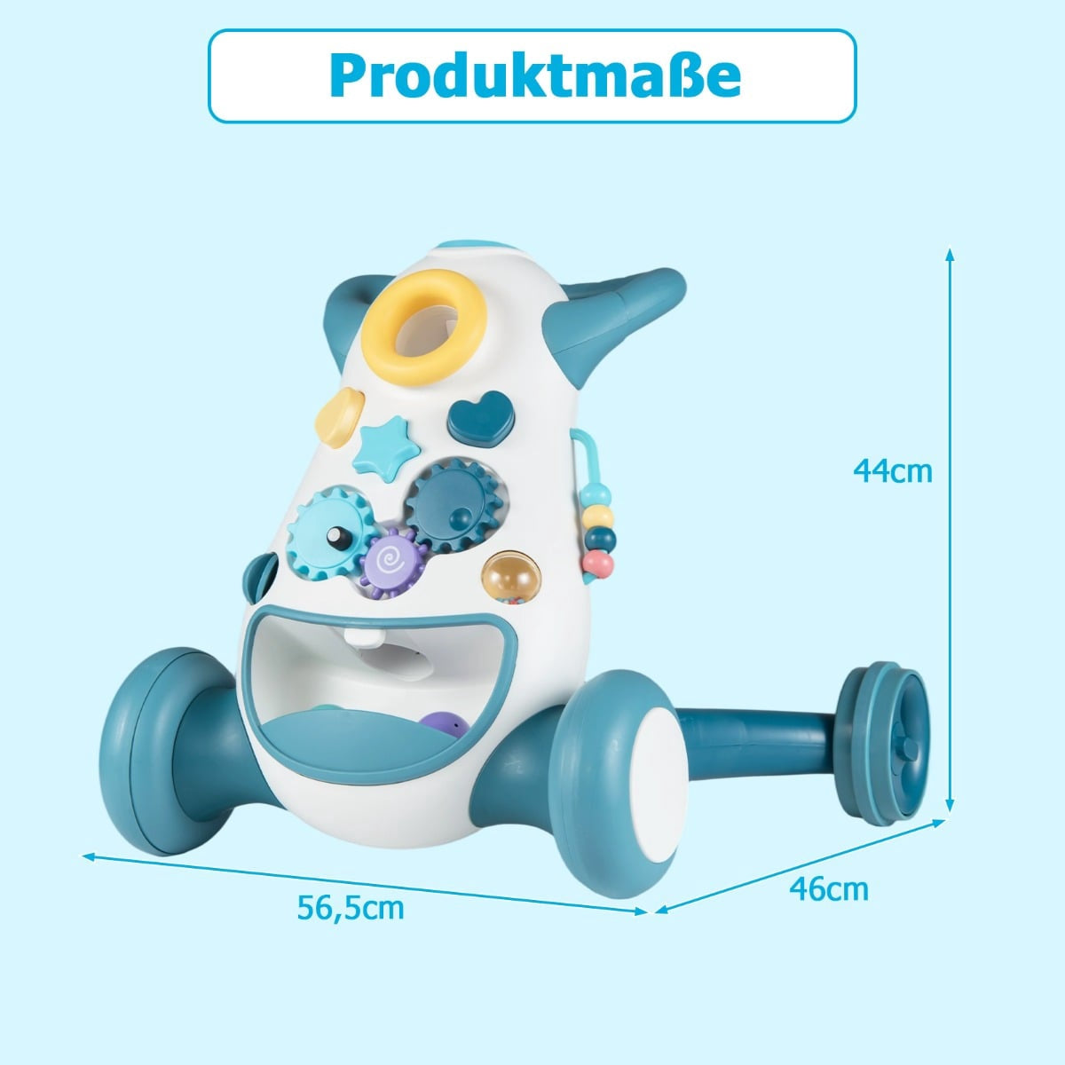 Een blauw-witte loopstoel met wielen, tandwielen en speelgoed.