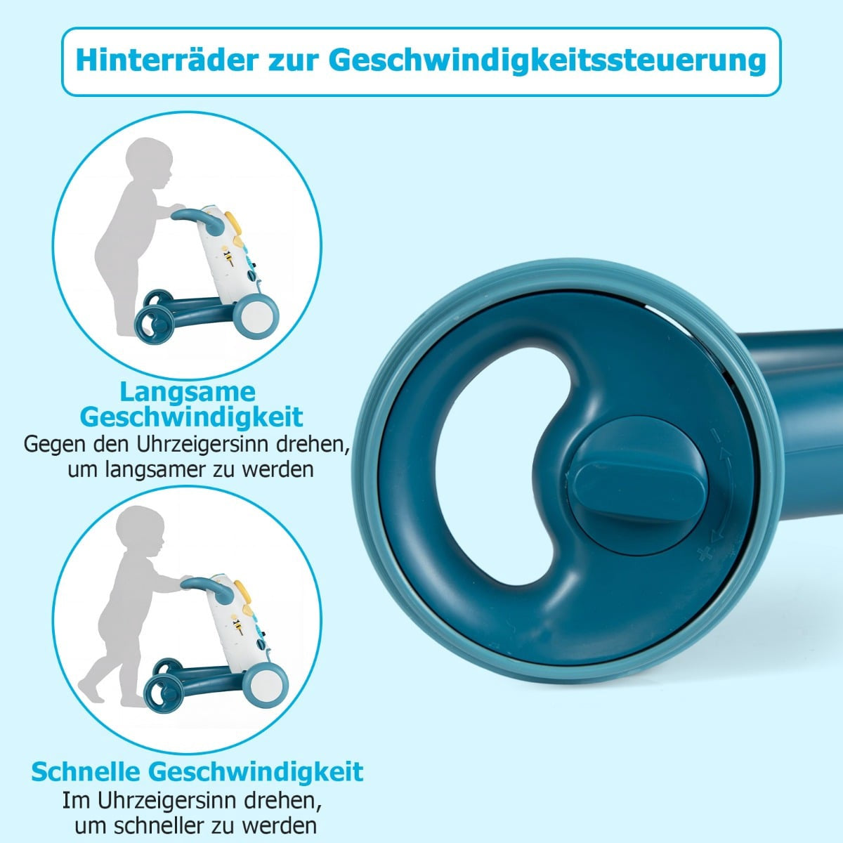 Baby-loopstoel met snelheidsregeling op de achterwielen.