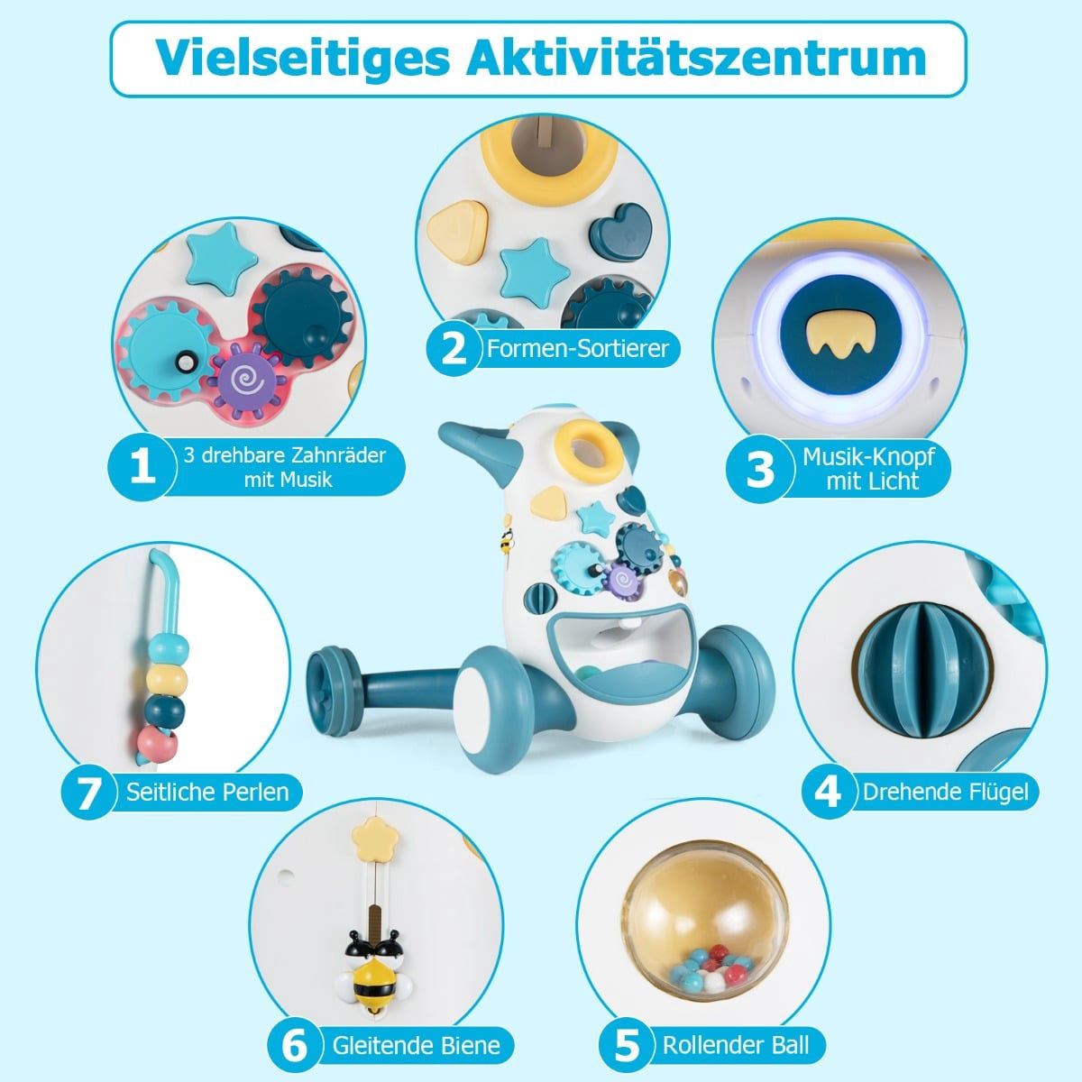 Een veelzijdig activiteitencentrum voor peuters met tandwielen, vormen, muziek en licht.