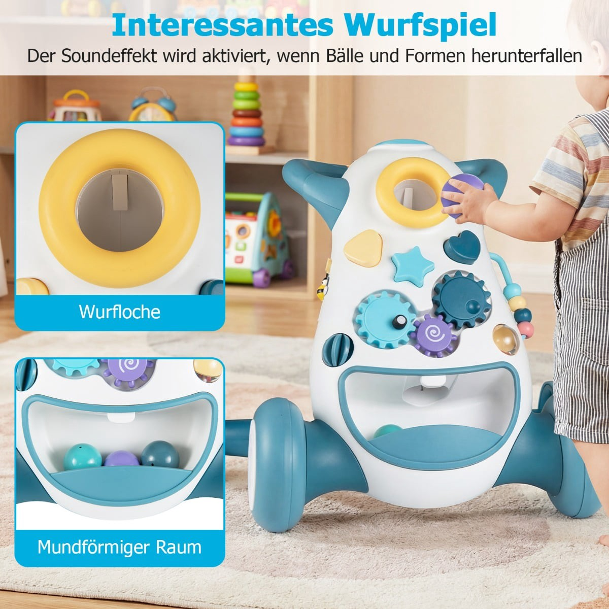 Een kind speelt met een kleurrijk leerspeelgoed met ballen en tandwielen.