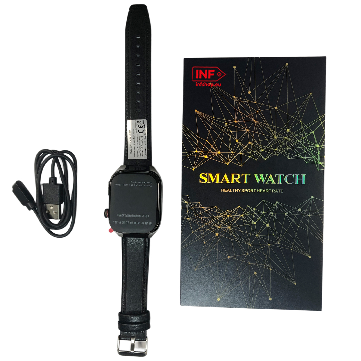 Schwarzes Smartwatch mit Ladekabel und Verpackung. Netzwerk-Design.