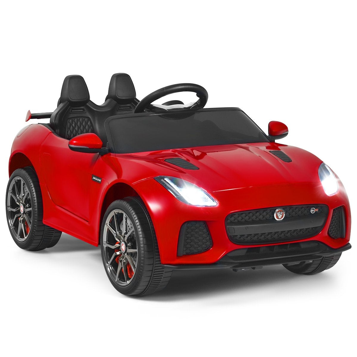 A red Jaguar toy car with black leather seats and steering wheel.