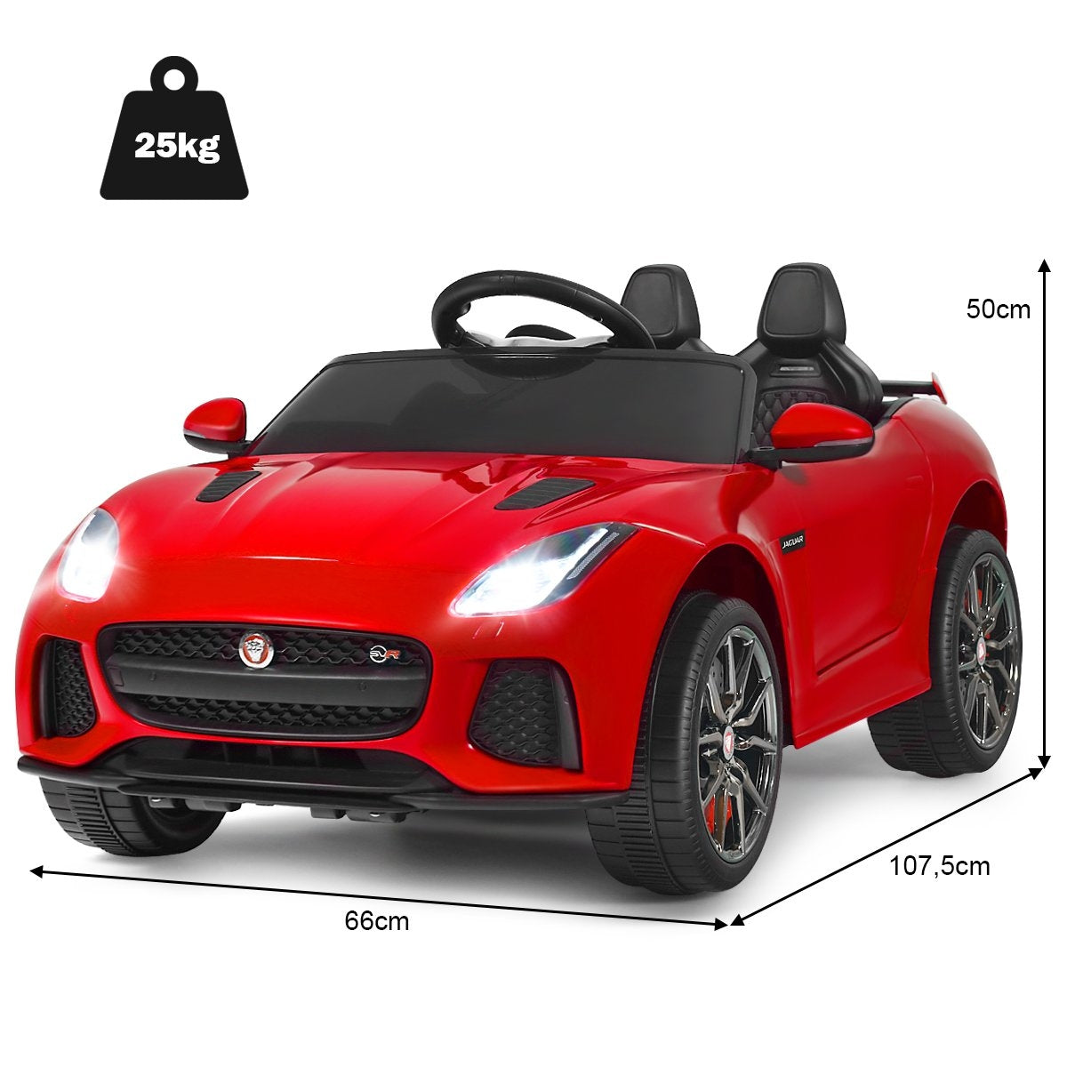 A red electric toy car for kids with black seats and steering wheel.