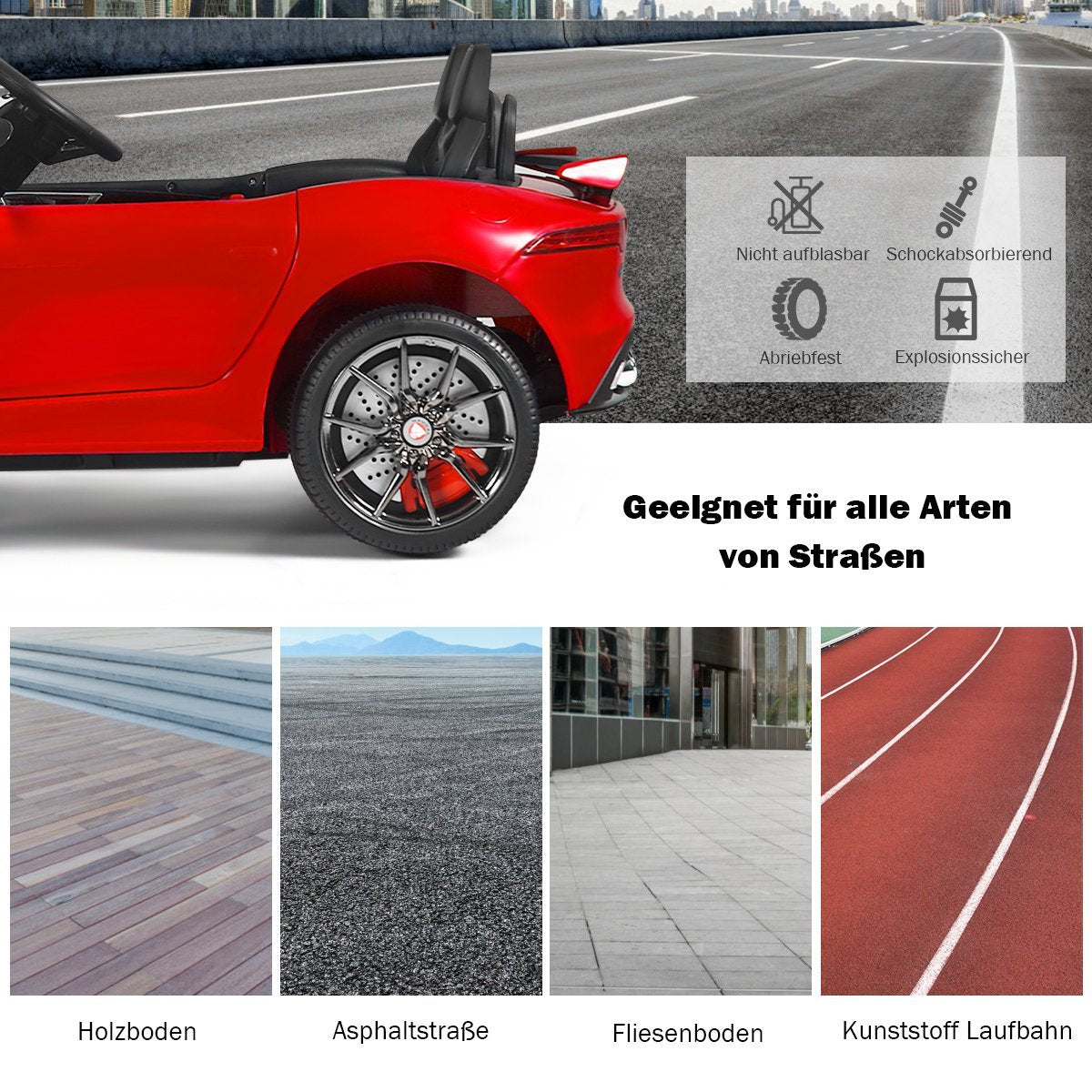 Red toy car on road, with various road surfaces shown below.