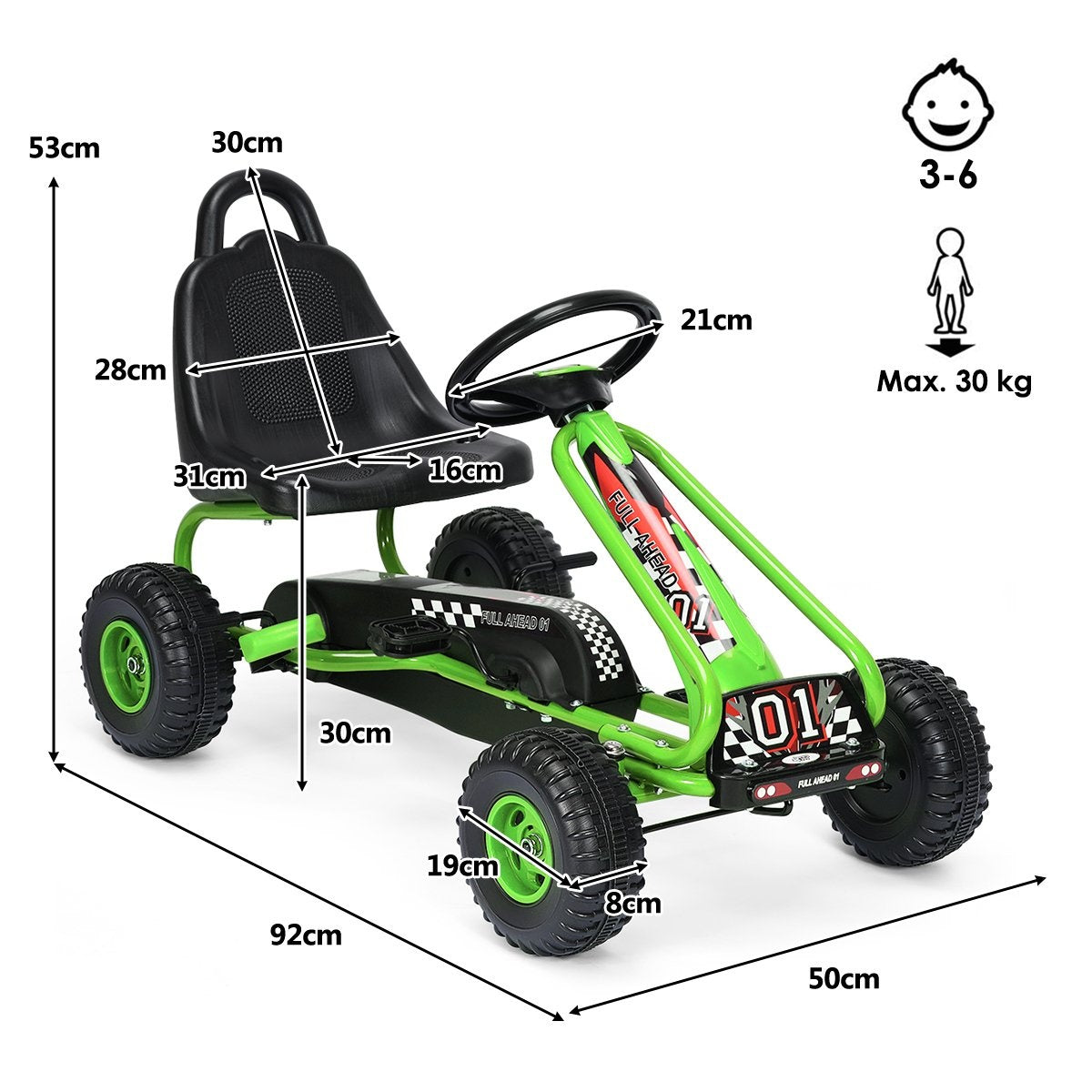 A green children's go-kart with black wheels and seat, with dimensions shown.