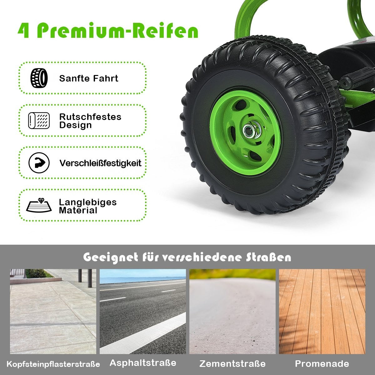 4 premium tires with features and various road surfaces shown.