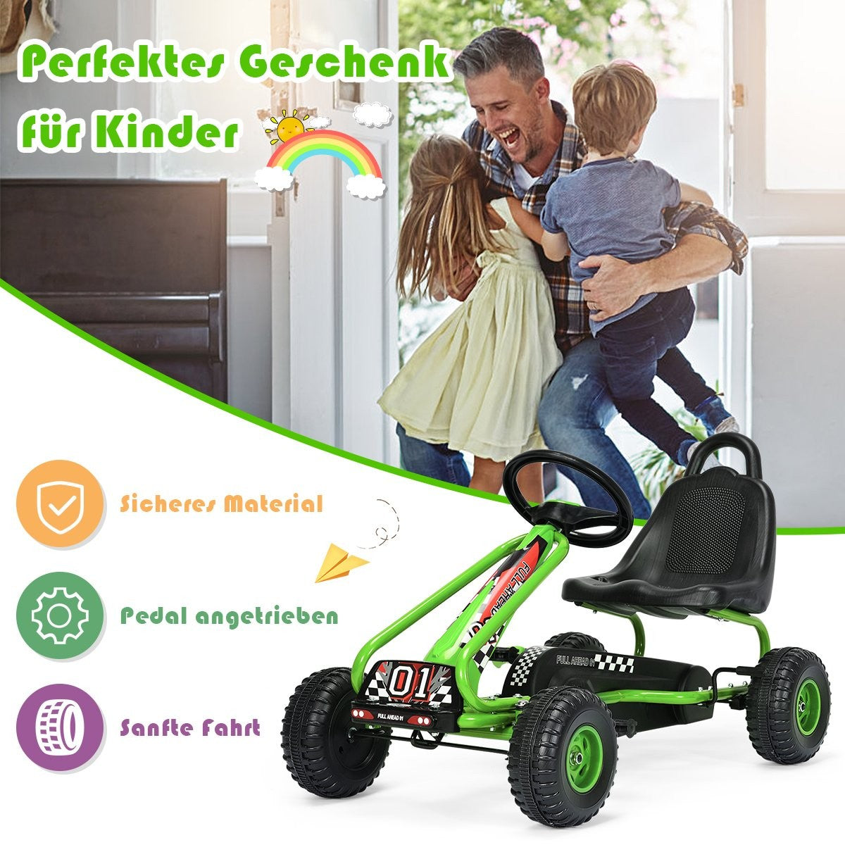 A father hugs his children with a green go-kart in the foreground.