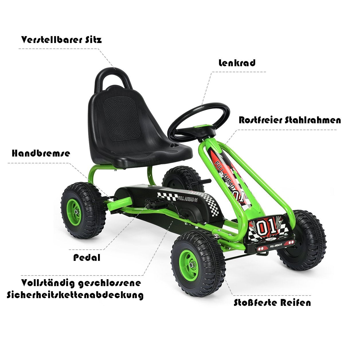 Green go-kart with black seat, steering wheel, and numbered stickers.
