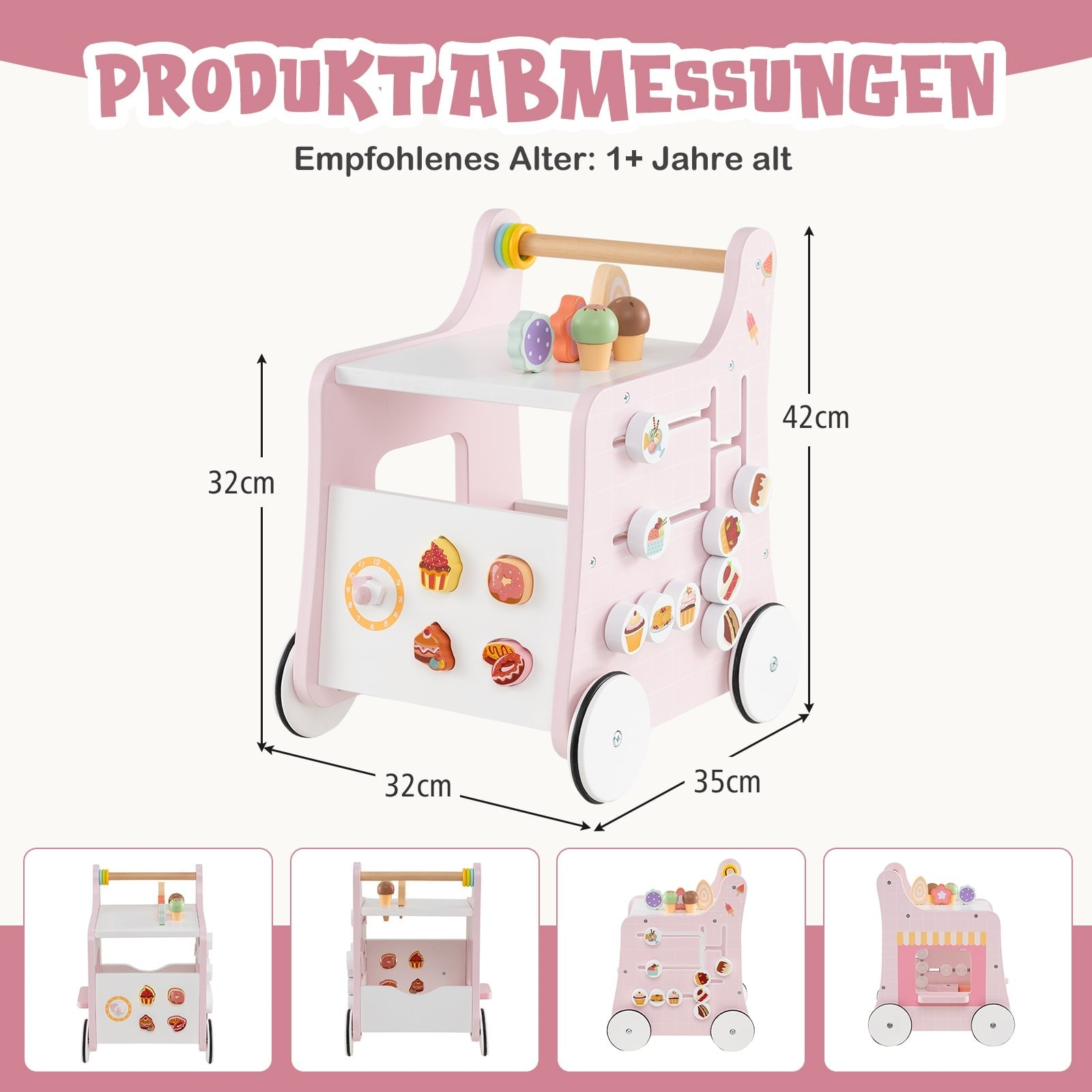 Een roze loopwagen met ijs- en taartmotieven, afmetingen getoond.