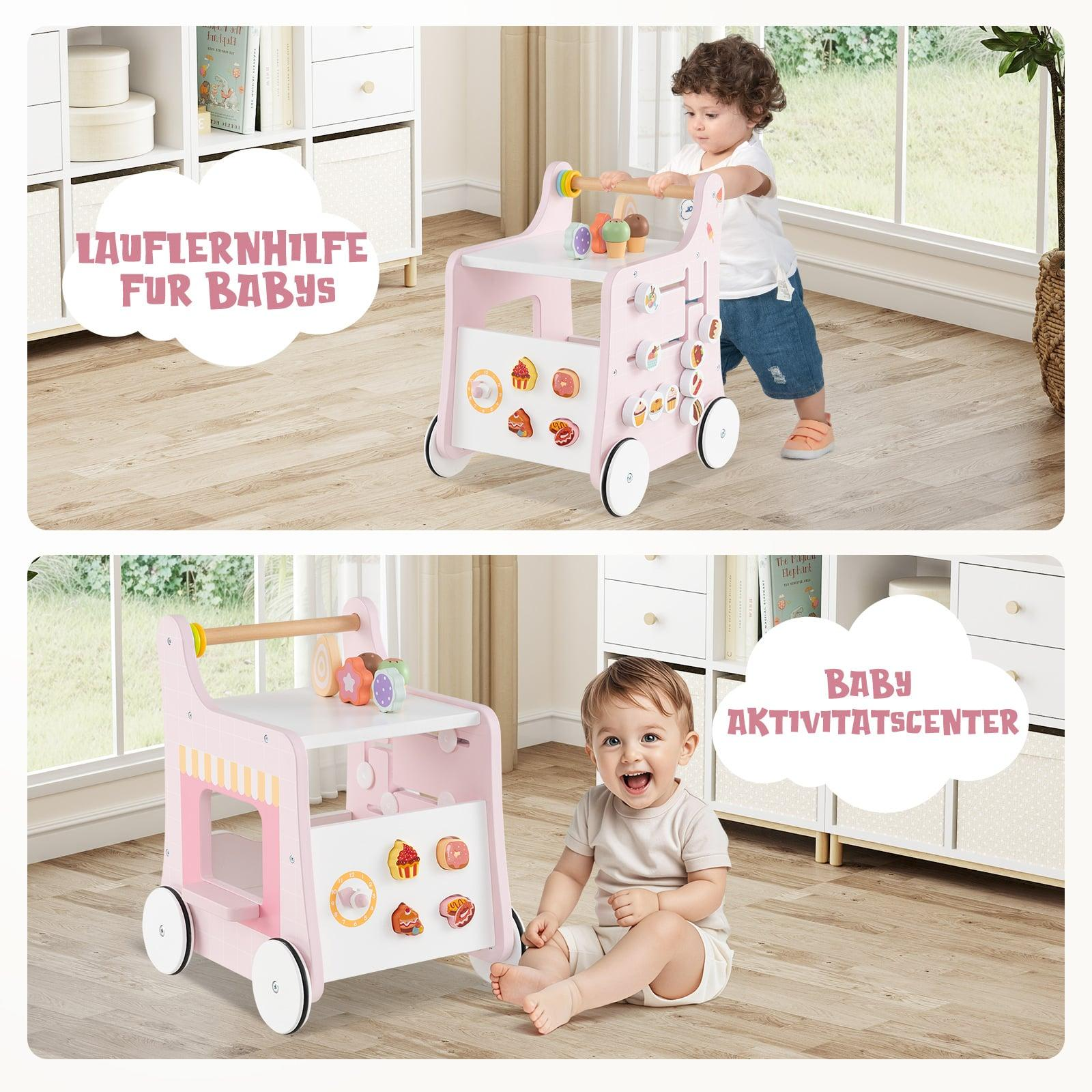 Baby duwt roze loopwagen speelgoed. Kind zit voor een loopwagen. Tekst: Baby Aktivitatscenter.