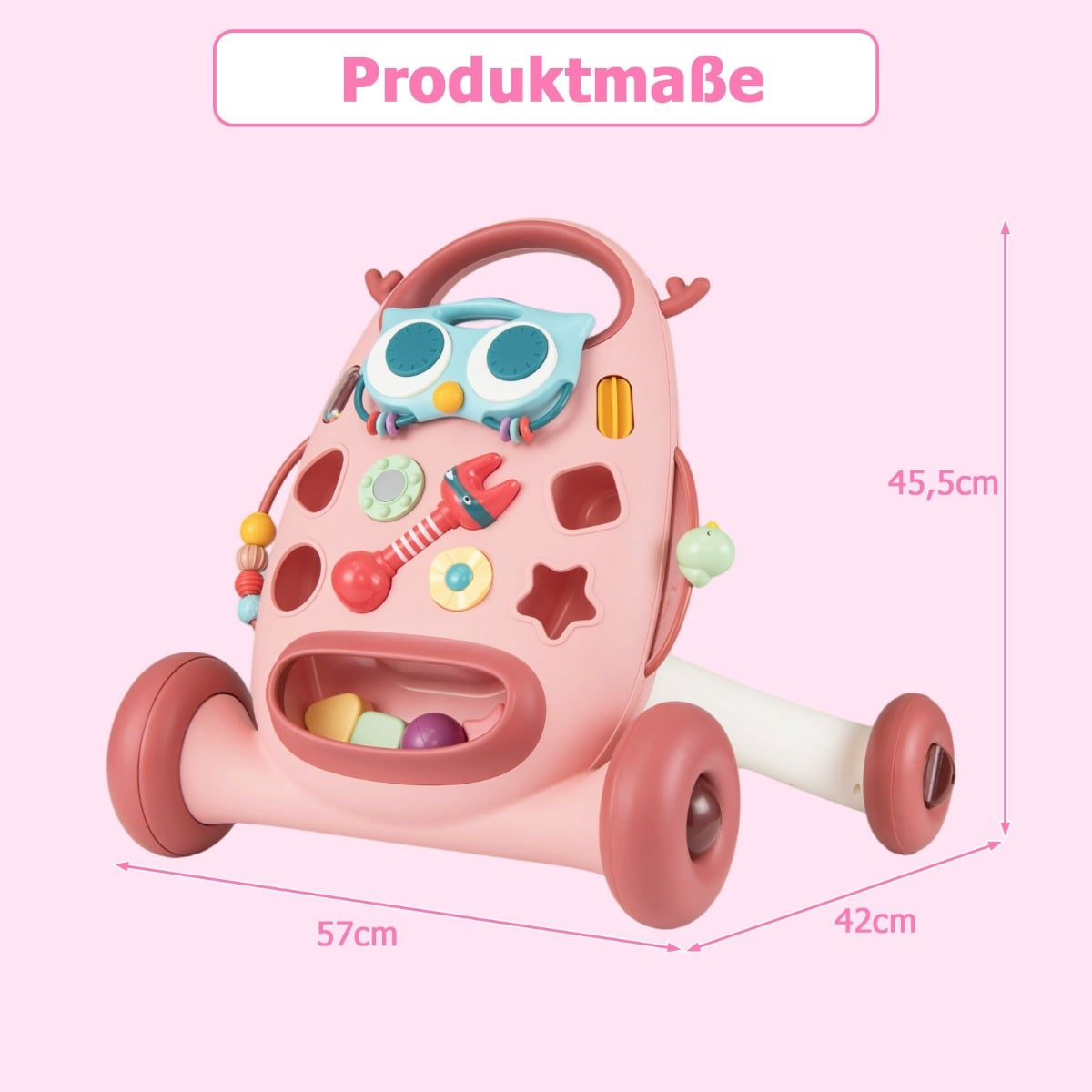 Een roze baby walker met uiltje thema en speelgoed, afmetingen worden weergegeven.