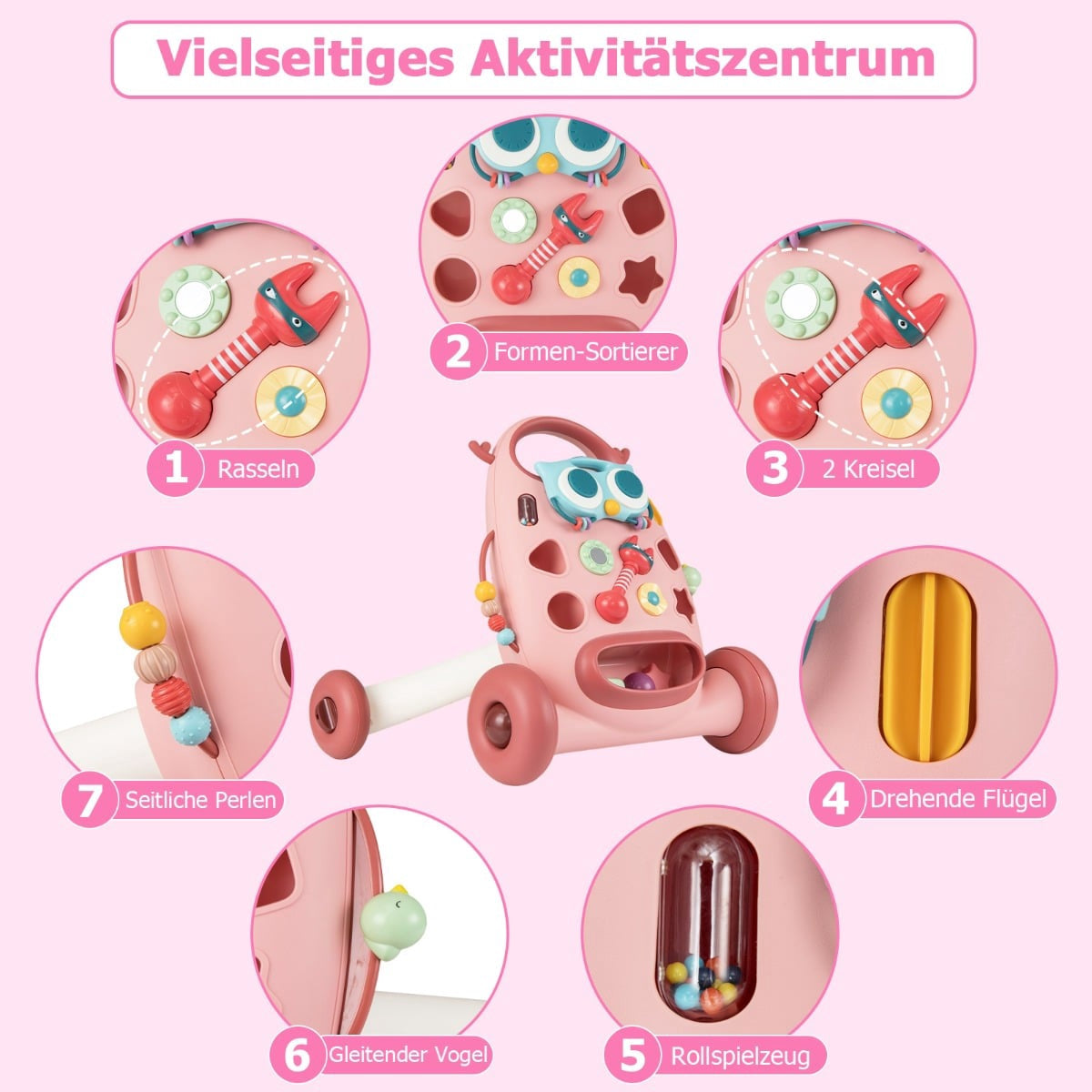 Roze baby activiteitencentrum met rammelaar, vormensorteerder, tol, vleugels, rollend speeltje, vogel en kralen.